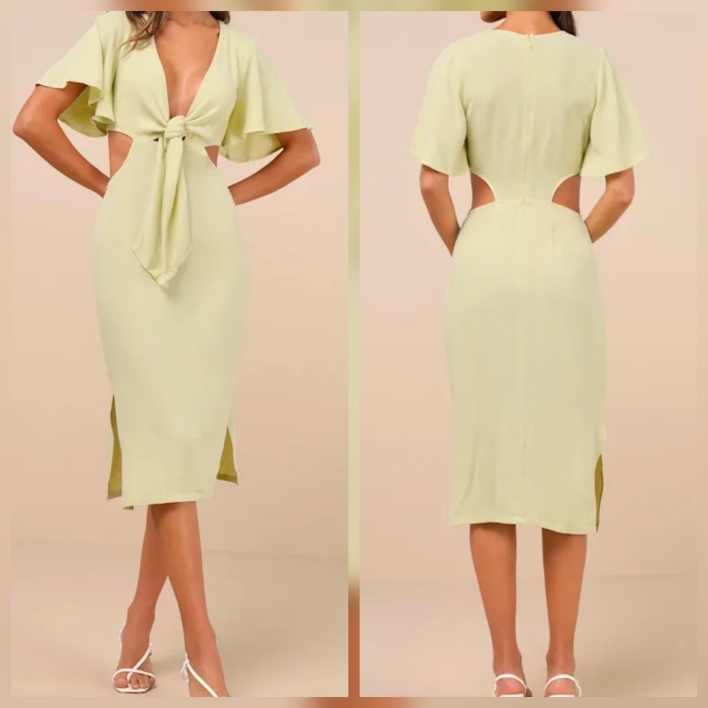 Lulus M Summer Journey Light Green Flutter Sleeve Tie-Front Cutout Midi Dress